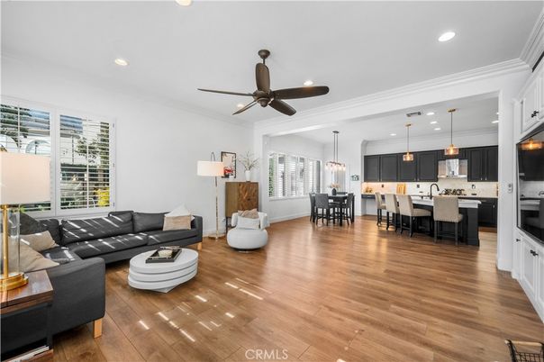 Dining room, Interior, Kitchen, Living room, Pendant Lights, Recessed Lighting, Stainless Steel Appliances, Wood Texture Flooring