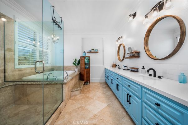 Bathroom, Chandelier, Dual Sink Vanities, Glass Shower, Interior, Pendant Lights