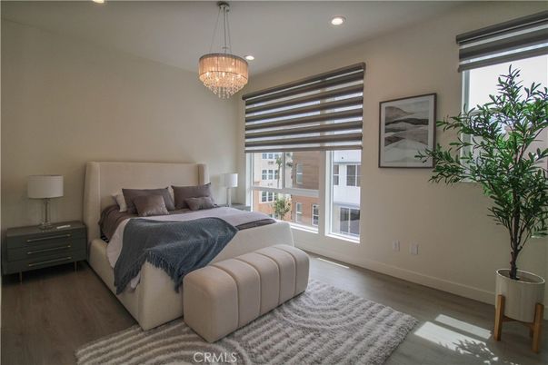 Bedroom, Chandelier, Interior, Recessed Lighting, Wood Texture Flooring