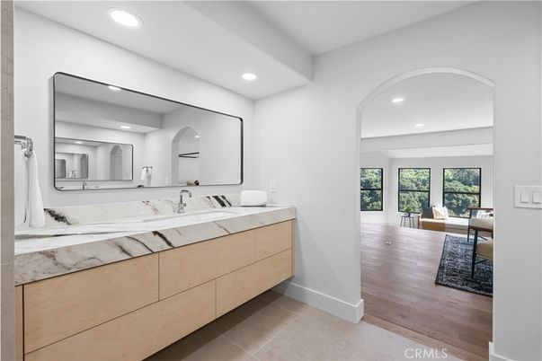 Bathroom, Dual Sink Vanities, Interior, Recessed Lighting, Wood Texture Flooring