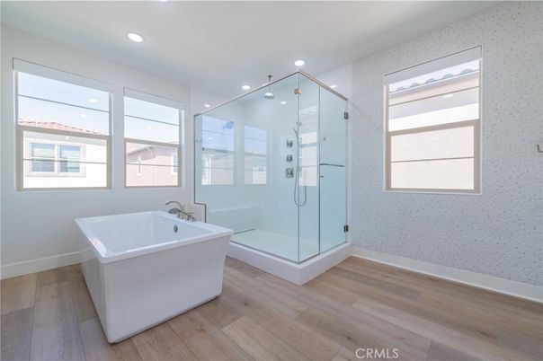 Bathroom, Free Standing Baths, Glass Shower, Interior, Recessed Lighting, Wood Texture Flooring