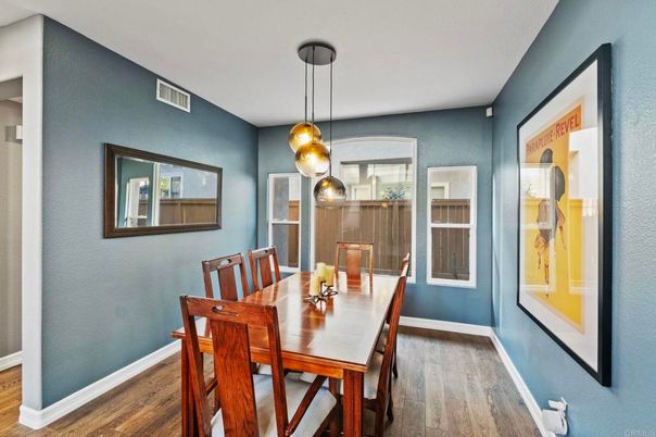 Dining room, Interior, Pendant Lights, Wood Texture Flooring