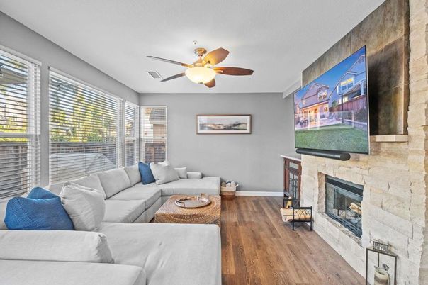 Fireplace, Interior, Living room, Stone Walls, Wood Texture Flooring