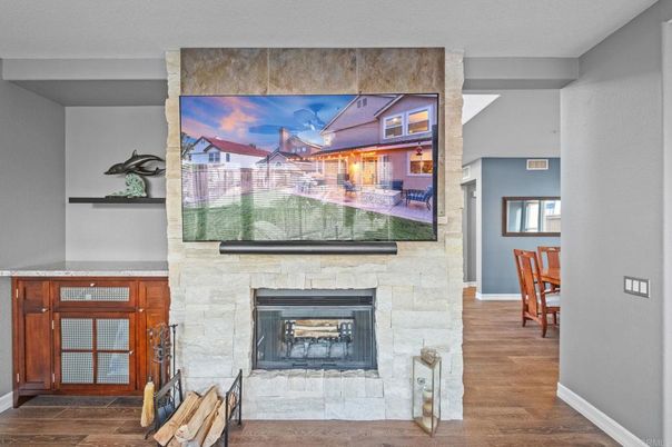 Dining room, Fireplace, Interior, Wood Texture Flooring