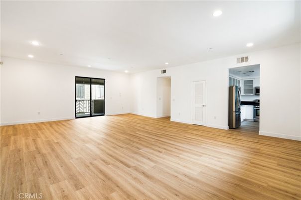 Empty room, Interior, Kitchen, Recessed Lighting, Wood Texture Flooring