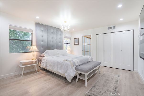 Bedroom, Chandelier, Interior, Recessed Lighting, Wood Texture Flooring