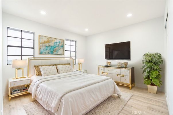 Bedroom, Interior, Recessed Lighting, Wood Texture Flooring