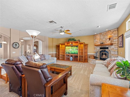 Fireplace, Interior, Living room, Recessed Lighting, Stone Walls