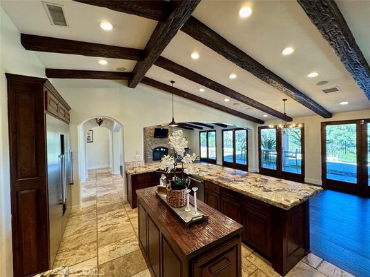 Fireplace, Interior, Pendant Lights, Recessed Lighting, Stone Walls, Wooden Beams