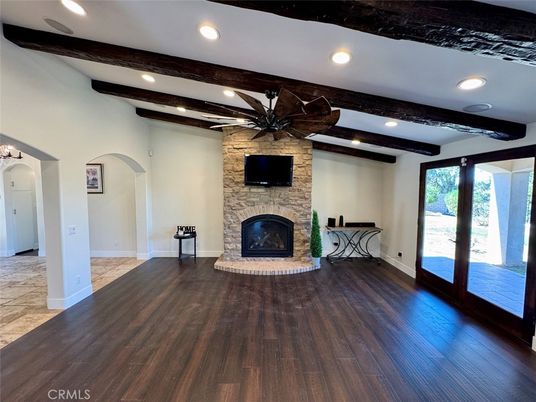Fireplace, Interior, Recessed Lighting, Stone Walls, Wooden Beams, Wood Texture Flooring
