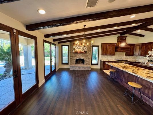 Fireplace, Interior, Kitchen, Recessed Lighting, Stone Walls, Wooden Beams, Wood Texture Flooring