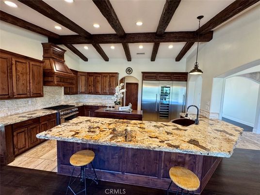 Interior, Kitchen, Pendant Lights, Recessed Lighting, Stainless Steel Appliances, Wooden Beams, Wood Texture Flooring