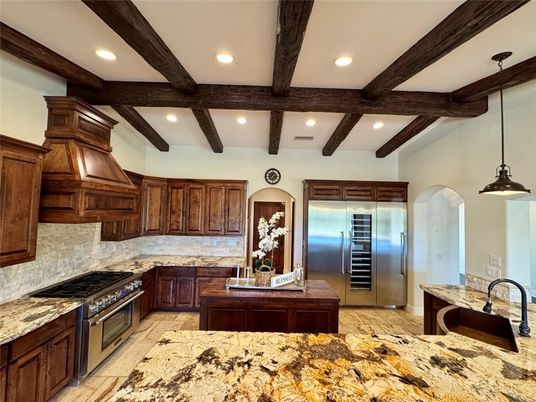Interior, Kitchen, Pendant Lights, Recessed Lighting, Stainless Steel Appliances, Wooden Beams