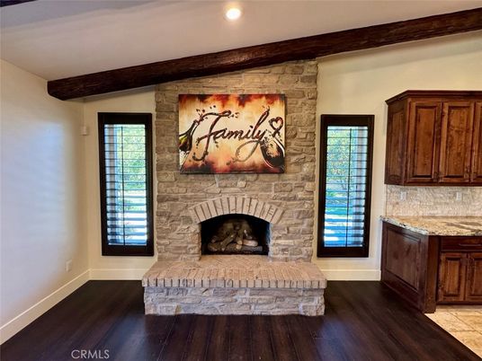 Fireplace, Interior, Recessed Lighting, Stone Walls, Wood Texture Flooring