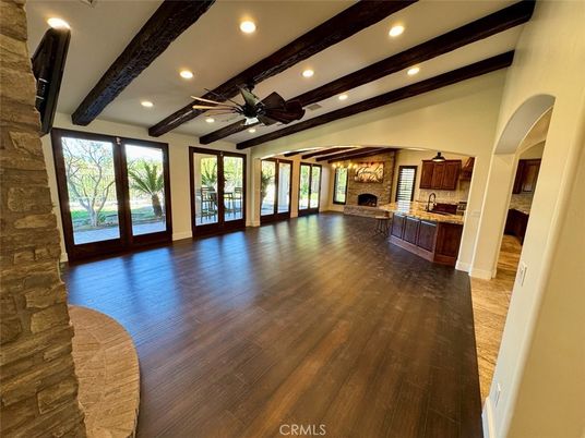 Empty room, Fireplace, Interior, Recessed Lighting, Wooden Beams, Wood Texture Flooring