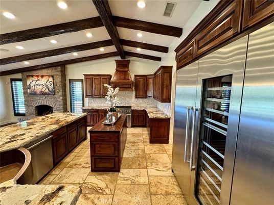 Interior, Kitchen, Recessed Lighting, Stainless Steel Appliances, Stone Walls, Wooden Beams