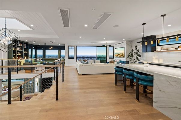 Interior, Kitchen, Living room, Marble Walls, Pendant Lights, Recessed Lighting, Water, Wood Texture Flooring