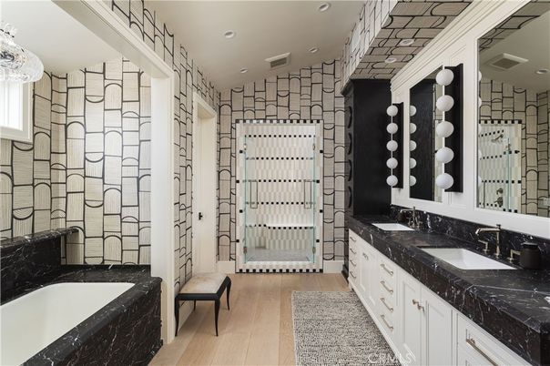 Bathroom, Dual Sink Vanities, Interior, Recessed Lighting, Wood Texture Flooring
