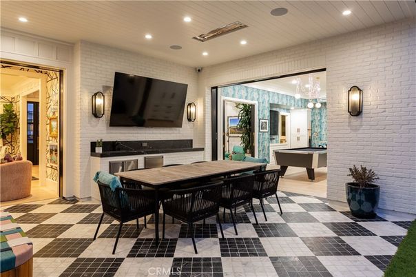 Billiard Table, Dining room, Game Room, Interior, Pendant Lights, Recessed Lighting, Stone Walls