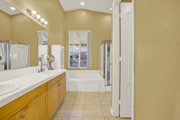 Bathroom, Dual Sink Vanities, Interior, Recessed Lighting, Tile Countertops