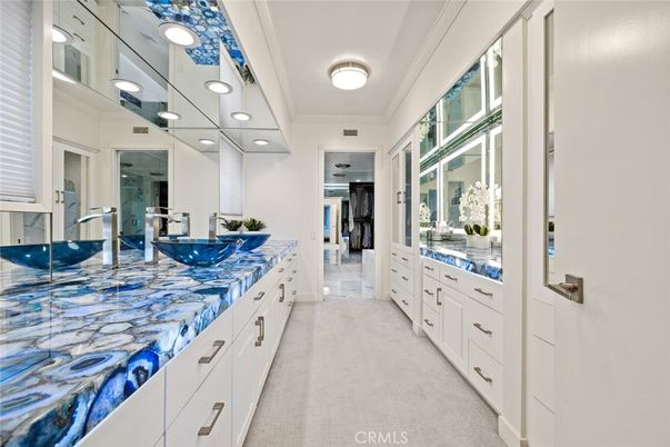 Bathroom, Dual Sink Vanities, Interior, Pendant Lights, Recessed Lighting, Tile Countertops
