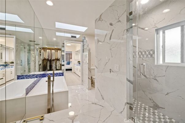 Bathroom, Glass Shower, Interior, Marble, Marble Walls, Recessed Lighting