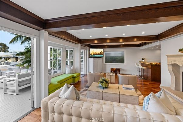 Chandelier, Dining room, Interior, Living room, Recessed Lighting, Wooden Beams, Wood Texture Flooring
