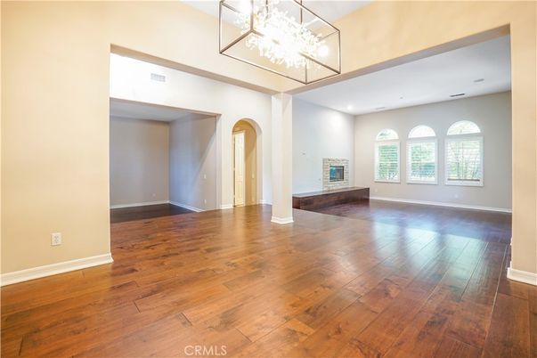 Empty room, Fireplace, Interior, Recessed Lighting, Wood Texture Flooring