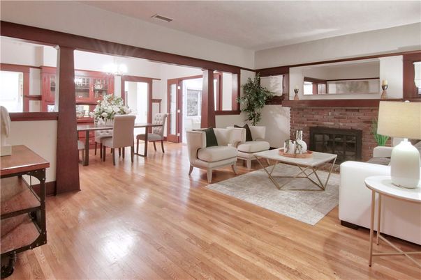 Dining room, Fireplace, Interior, Living room, Wood Texture Flooring
