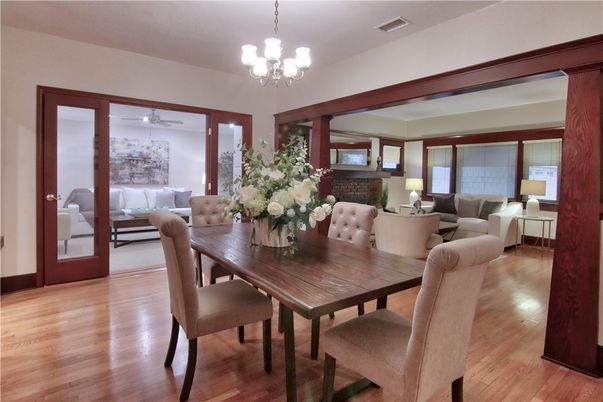 Dining room, Fireplace, Interior, Living room, Pendant Lights, Wood Texture Flooring