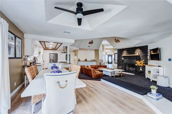 Fireplace, Interior, Living room, Pendant Lights, Stone Walls, Wood Texture Flooring