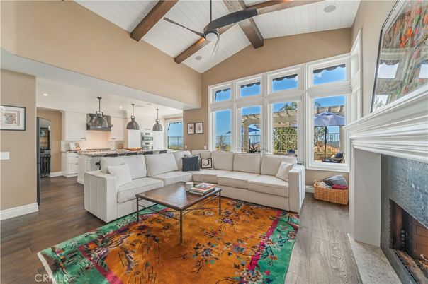 Fireplace, Interior, Kitchen, Living room, Pendant Lights, Recessed Lighting, Wooden Beams, Wood Texture Flooring