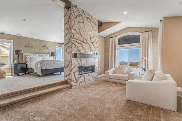 Bedroom, Fireplace, Interior, Recessed Lighting, Stone Walls