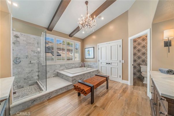 Bathroom, Chandelier, Glass Shower, Interior, Recessed Lighting, Wooden Beams, Wood Texture Flooring