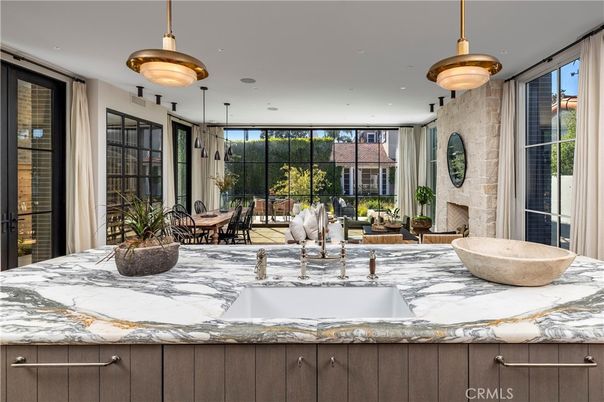 Dining room, Fireplace, Interior, Living room, Pendant Lights, Recessed Lighting, Stone Walls