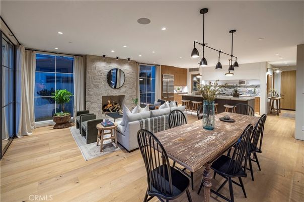 Dining room, Fireplace, Interior, Kitchen, Living room, Pendant Lights, Recessed Lighting, Stone Walls, Wood Texture Flooring