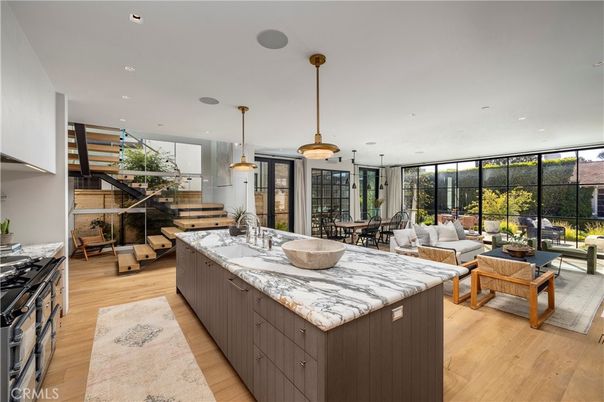 Dining room, Interior, Kitchen, Living room, Pendant Lights, Recessed Lighting, Stainless Steel Appliances, Wood Texture Flooring