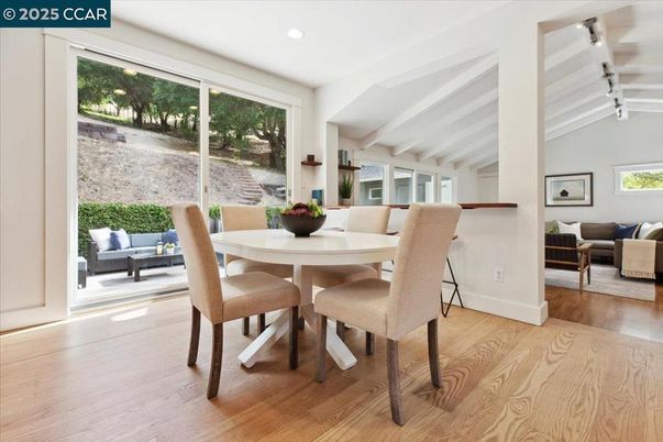 Dining room, Interior, Living room, Recessed Lighting, Wood Texture Flooring