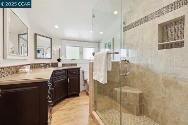 Bathroom, Glass Shower, Interior, Recessed Lighting, Wood Texture Flooring