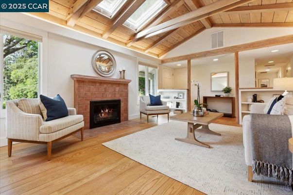 Fireplace, Interior, Living room, Recessed Lighting, Wooden Beams, Wooden Ceilings, Wood Texture Flooring