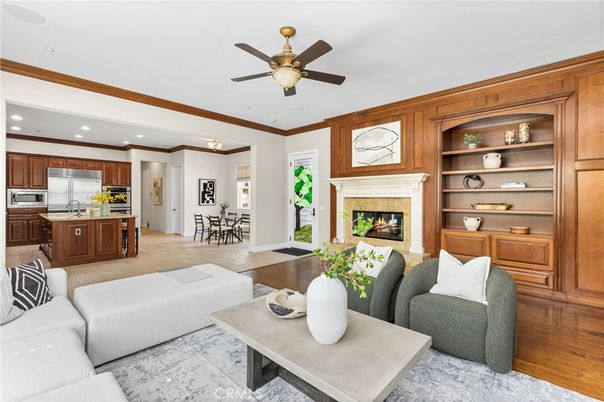 Dining room, Fireplace, Interior, Kitchen, Living room, Recessed Lighting, Stainless Steel Appliances, Wood Texture Flooring