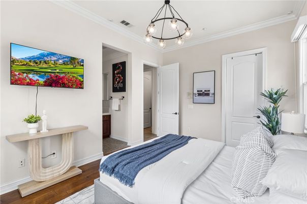 Bedroom, Interior, Pendant Lights, Wood Texture Flooring