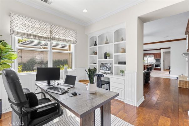 Home Office, Interior, Kitchen, Recessed Lighting, Stainless Steel Appliances, Wood Texture Flooring