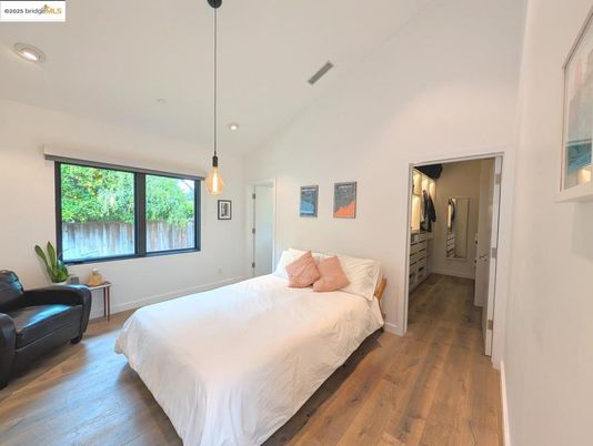 Bedroom, Interior, Pendant Lights, Recessed Lighting, Wood Texture Flooring