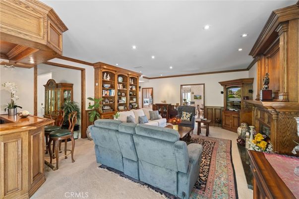 Fireplace, Interior, Living room, Recessed Lighting, Wooden Beams