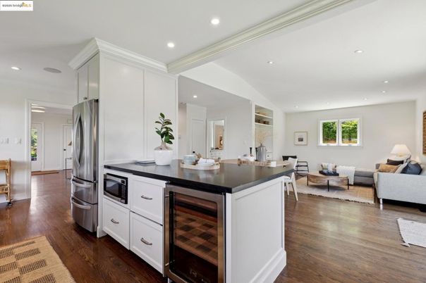 Dining room, Interior, Kitchen, Living room, Recessed Lighting, Stainless Steel Appliances, Wood Texture Flooring