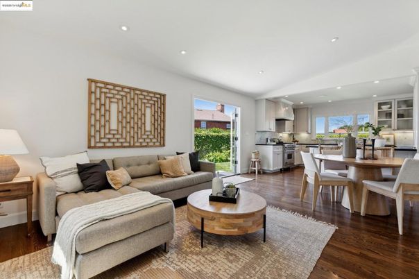 Dining room, Interior, Kitchen, Living room, Recessed Lighting, Stainless Steel Appliances, Wood Texture Flooring