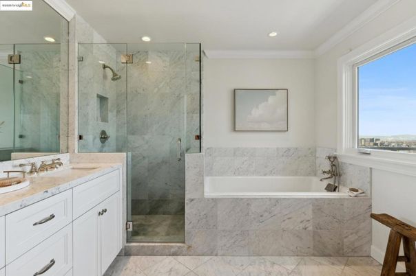 Bathroom, Glass Shower, Interior, Marble, Marble Walls, Recessed Lighting