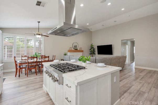 Dining room, Interior, Kitchen, Recessed Lighting, Stainless Steel Appliances, Wood Texture Flooring
