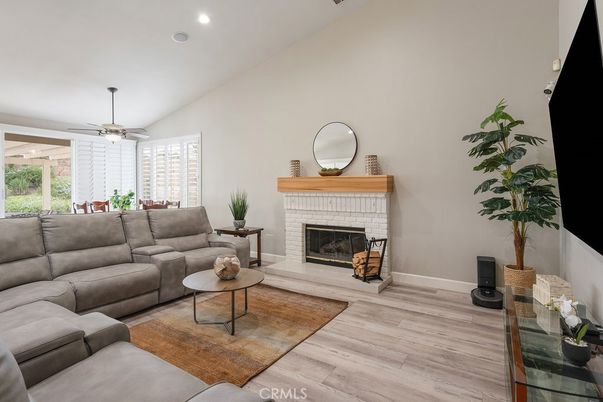 Fireplace, Interior, Living room, Recessed Lighting, Wood Texture Flooring